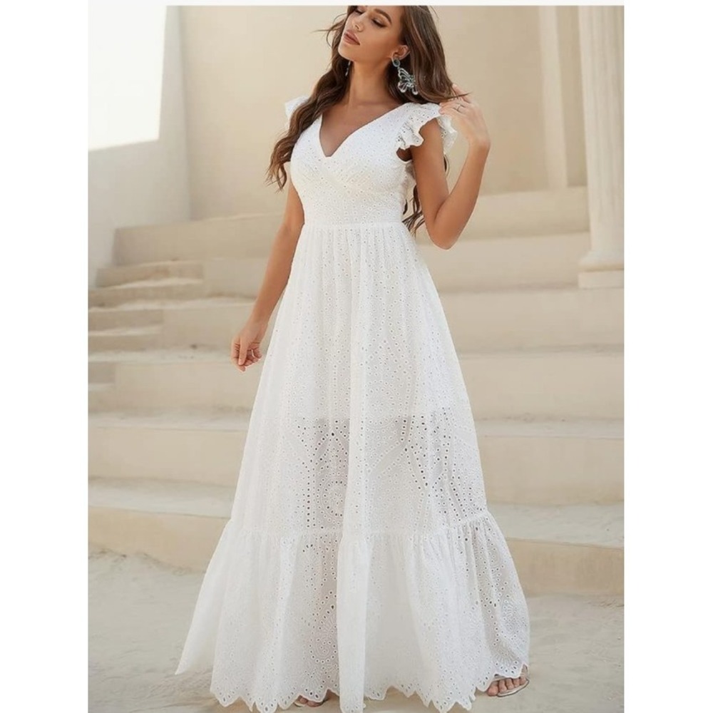 Giffniseti Maxi Dress Womens XL White Eyelet Backless Wedding Beach Boho‎ Party